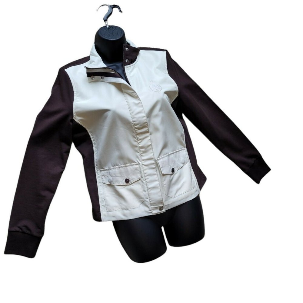 LRL Ralph Lauren Womens Jacket Brown White Zipper Stretch Size PM Button Pockets